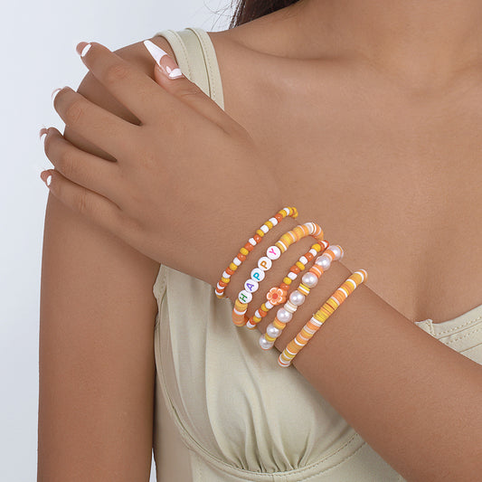 Orange Howlite 'Happy' Beaded Stretch Bracelet Set, jewelry gift sets for women, dainty minimalist design, front view