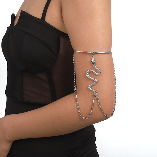 Cubic Zirconia and Silver-Plated Textured Snake Tassel Arm Cuff, everyday style, front view