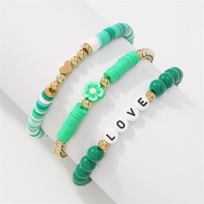 Green Resin and Polymer Clay 18K Gold-Plated 'Love' Beaded Stretch Bracelet Set, jewelry gift sets for women, detail close-up