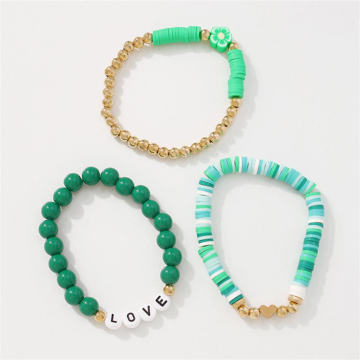 Green Resin and Polymer Clay 18K Gold-Plated 'Love' Beaded Stretch Bracelet Set, jewelry gift sets for women, styled look