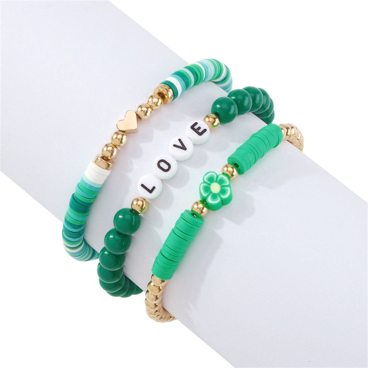 Green Resin & Polymer Clay 18K Gold-Plated 'Love' Beaded Stretch Bracelet Set