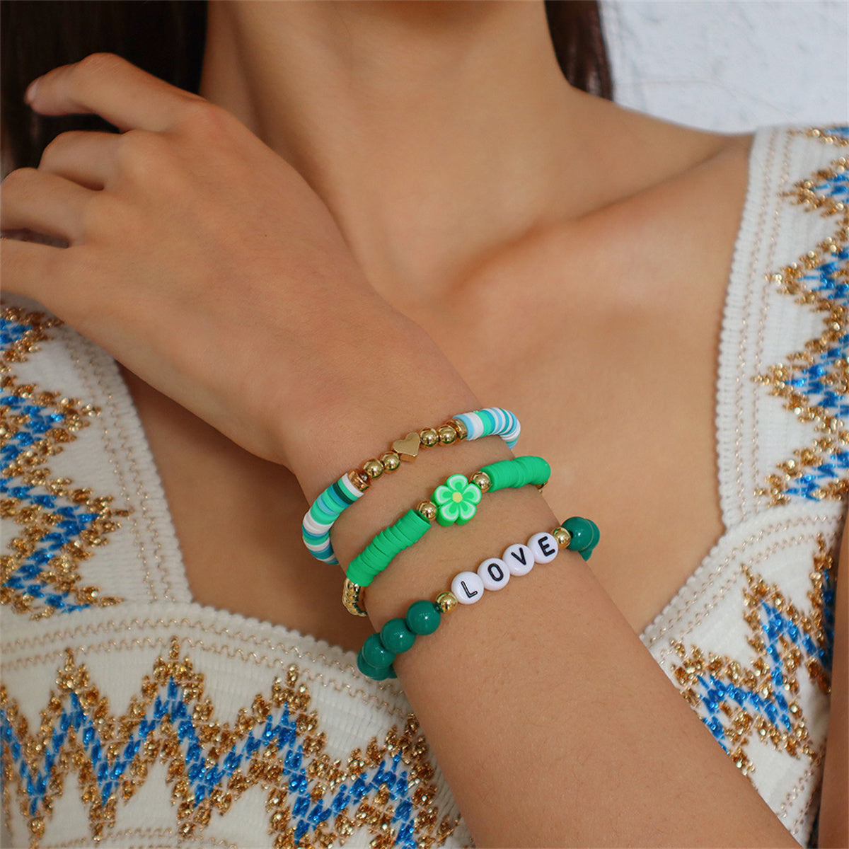 Green Resin and Polymer Clay 18K Gold-Plated 'Love' Beaded Stretch Bracelet Set, jewelry gift sets for women, side view