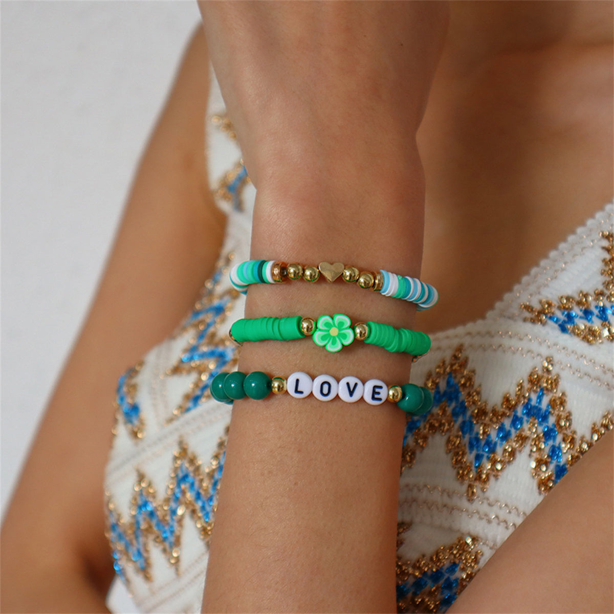 Green Resin and Polymer Clay 18K Gold-Plated 'Love' Beaded Stretch Bracelet Set, jewelry gift sets for women, front view