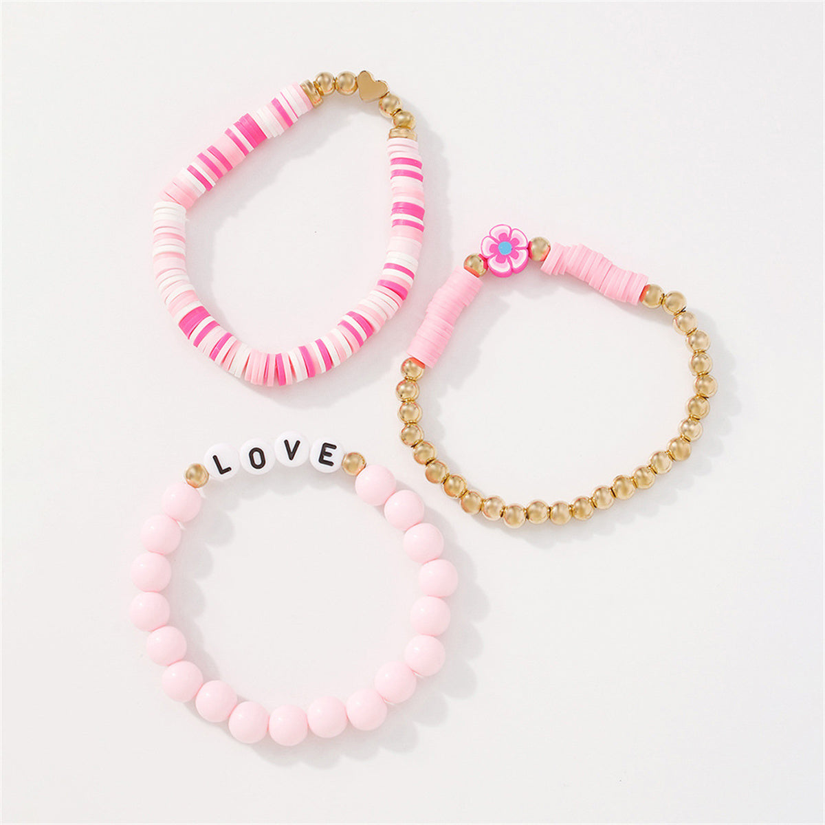 Pink Polymer Clay & 18K Gold-Plated 'Love' Beaded Stretch Bracelet Set