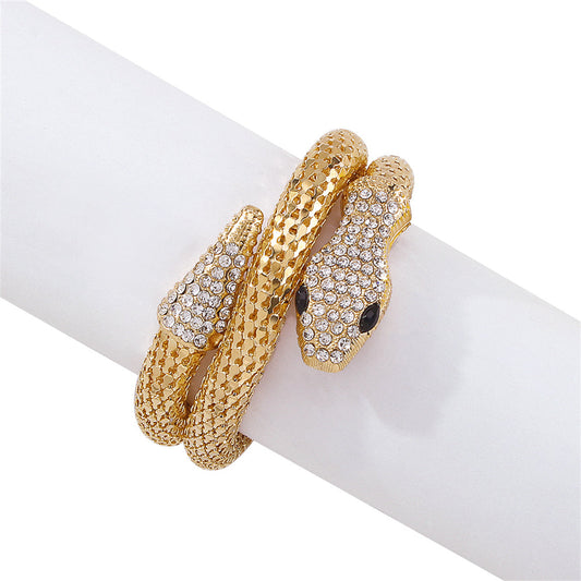 Cubic Zirconia and 18K Gold-Plated Snake Wrap Bracelet, gold bracelet for women, vintage-inspired design, front view