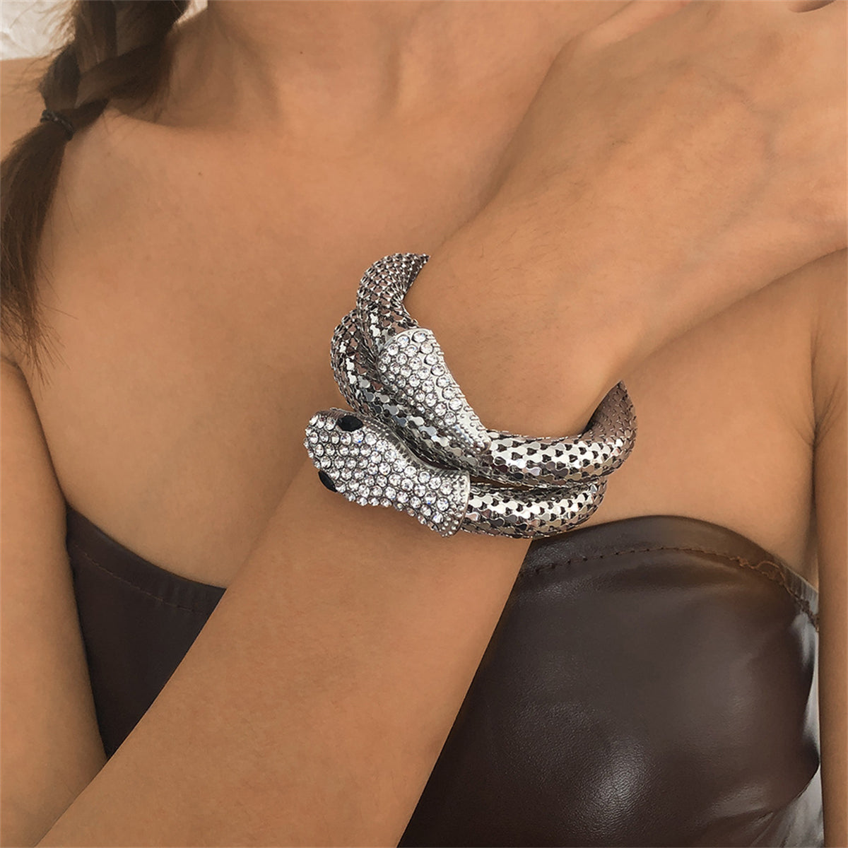 Cubic Zirconia and Silver-Plated Snake Wrap Bracelet, silver bracelet for women, elegant gift for her, front view