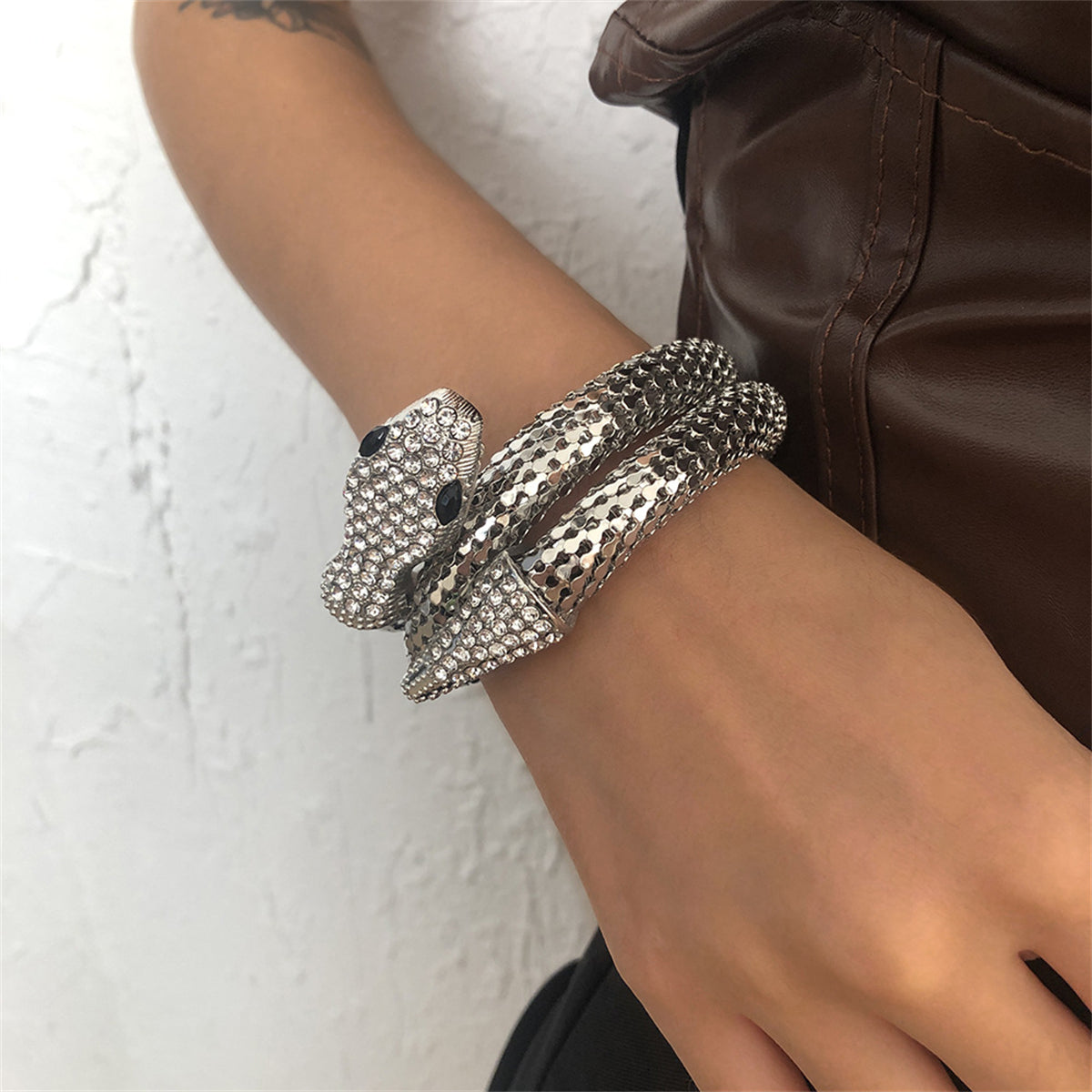 Cubic Zirconia and Silver-Plated Snake Wrap Bracelet, silver bracelet for women, elegant gift for her, side view