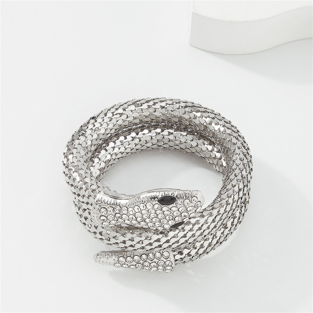 Cubic Zirconia and Silver-Plated Snake Wrap Bracelet, silver bracelet for women, elegant gift for her, detail close-up