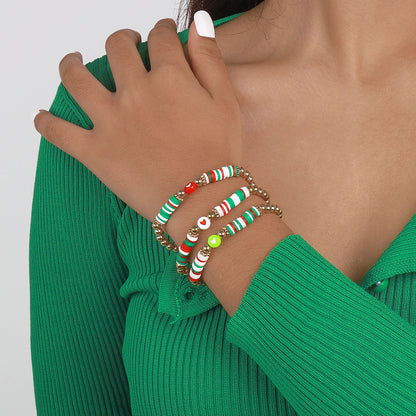 Red Multicolor Polymer Clay and 18K Gold-Plated Beaded Stretch Bracelet Set, gold bracelet for women, front view