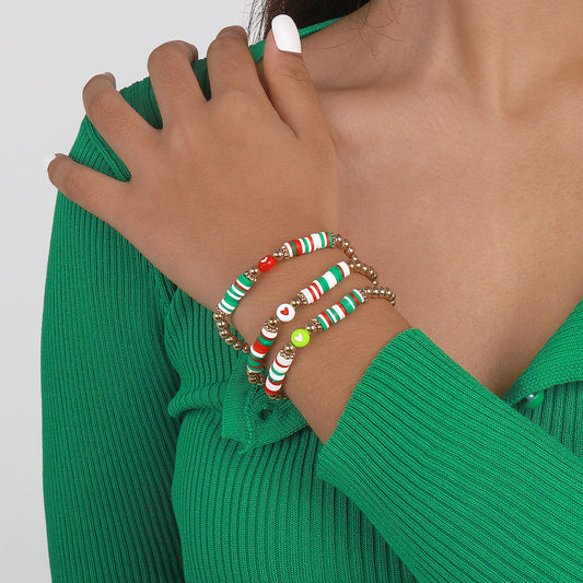 Red Multicolor Polymer Clay and 18K Gold-Plated Beaded Stretch Bracelet Set, gold bracelet for women, front view