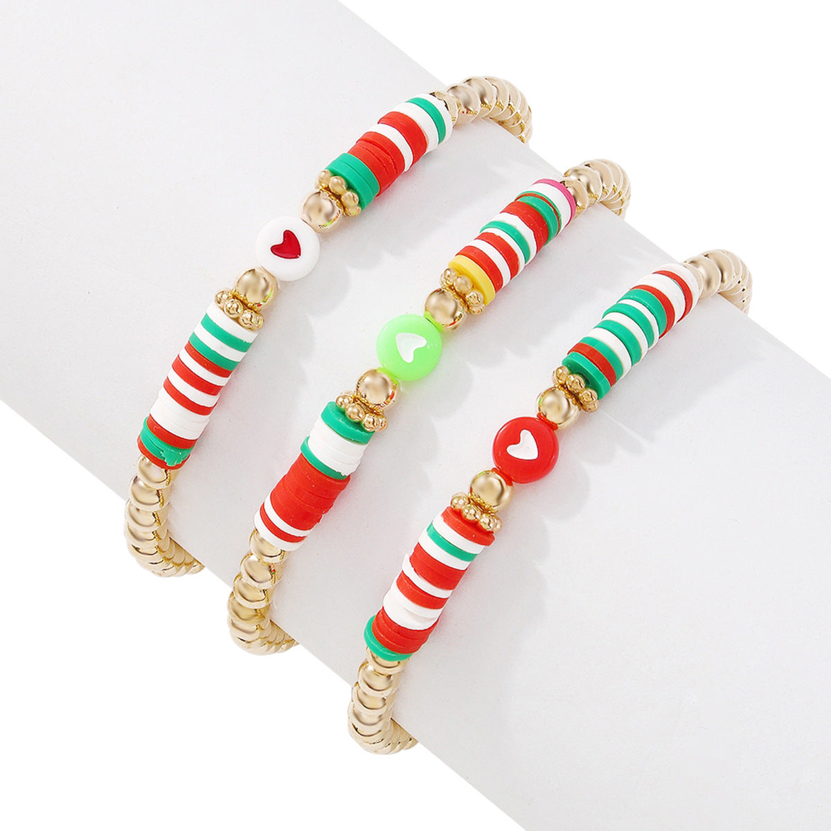 Red Multicolor Polymer Clay and 18K Gold-Plated Beaded Stretch Bracelet Set, gold bracelet for women, styled look