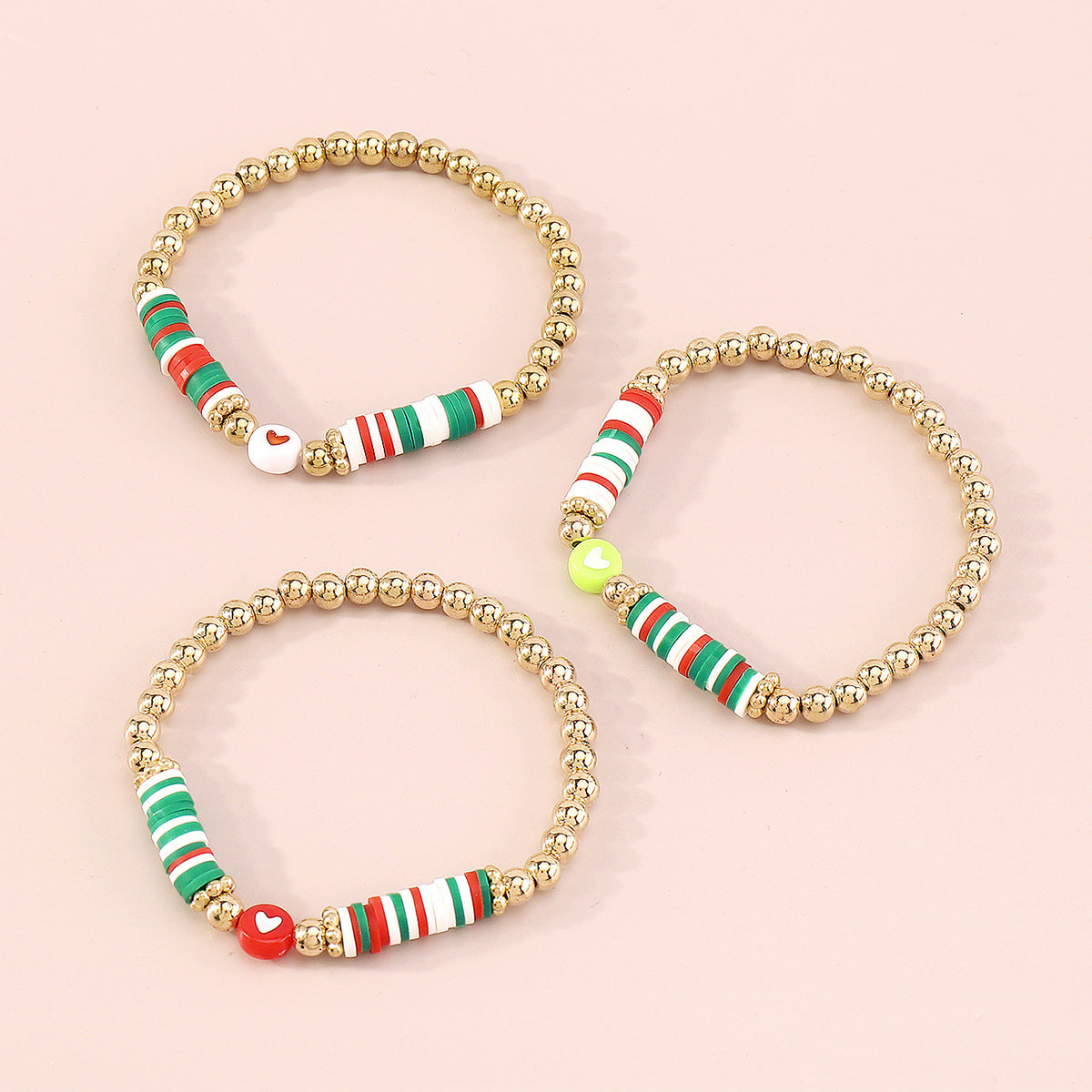 Red Multicolor Polymer Clay and 18K Gold-Plated Beaded Stretch Bracelet Set, gold bracelet for women, lifestyle look