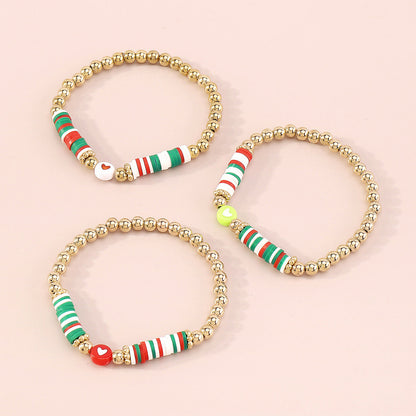 Red Multicolor Polymer Clay and 18K Gold-Plated Beaded Stretch Bracelet Set, gold bracelet for women, lifestyle look