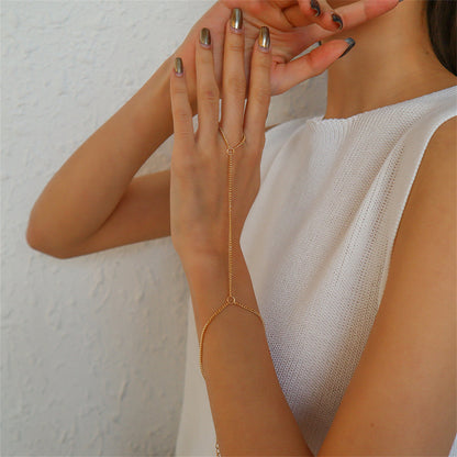 18K Gold-Plated Wrist-To-Ring Chain Bracelet, gold bracelet for women, botanical inspired, side view