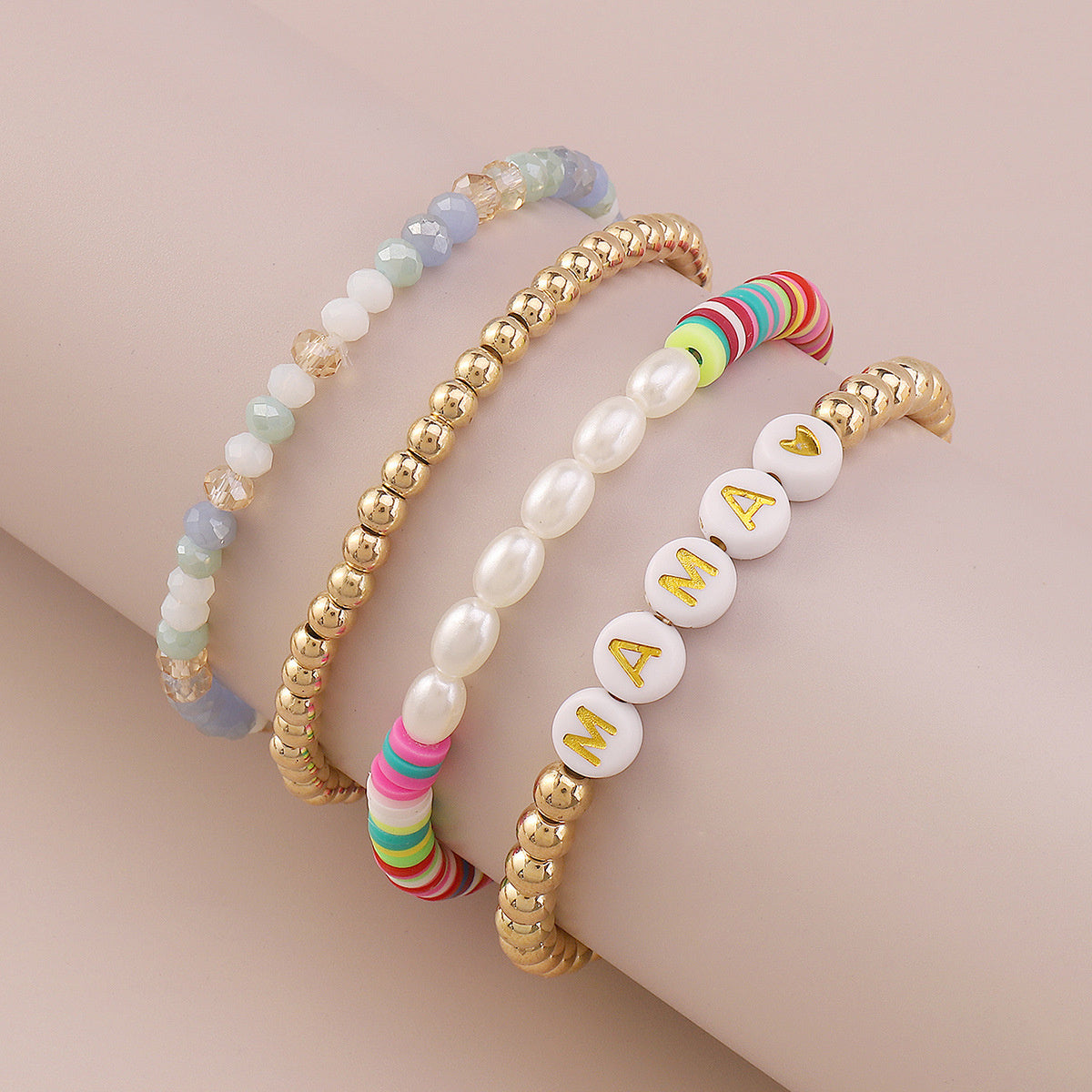 White Acrylic & Pearl 18K Gold-Plated 'Mama' Beaded Stretch Bracelet Set