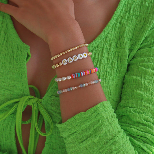 White Acrylic and Pearl 18K Gold-Plated 'Mama' Beaded Stretch Bracelet Set, jewelry gift sets for women, front view