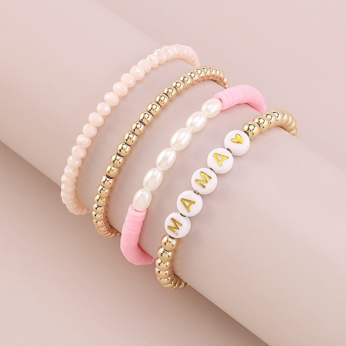 Pink Polymer Clay & Acrylic 18K Gold-Plated 'Mama' Beaded Stretch Bracelet Set