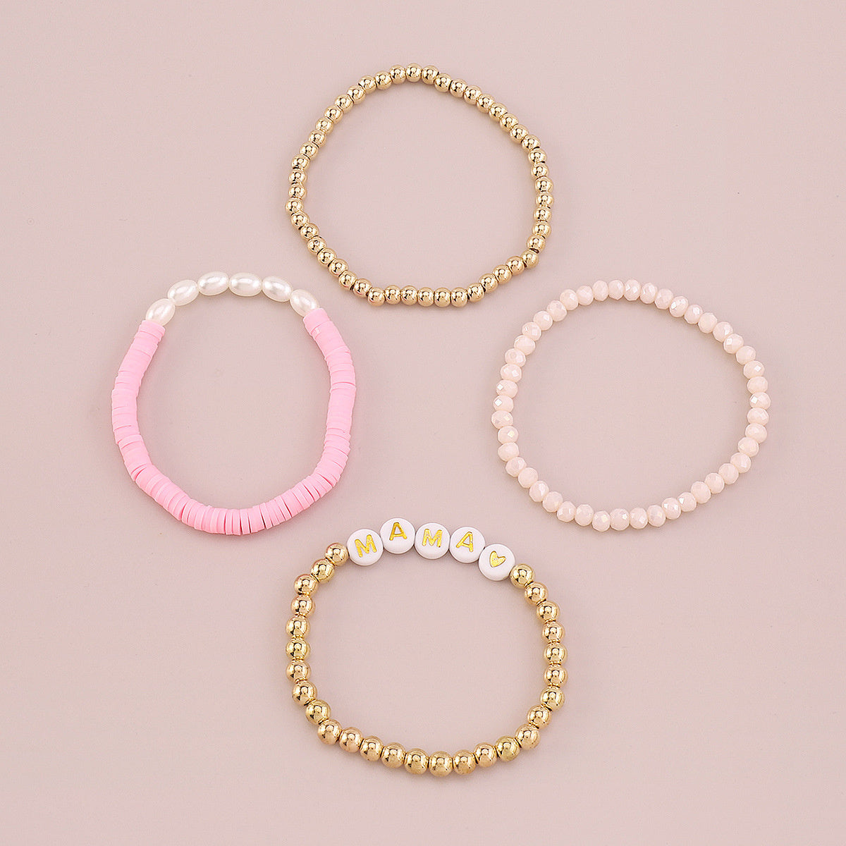 Pink Polymer Clay & Acrylic 18K Gold-Plated 'Mama' Beaded Stretch Bracelet Set