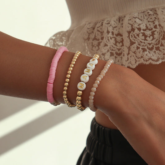 Pink Polymer Clay and Acrylic 18K Gold-Plated 'Mama' Beaded Stretch Bracelet Set, jewelry gift sets for women, front view