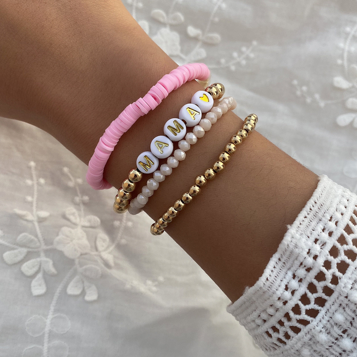 Pink Polymer Clay & Acrylic 18K Gold-Plated 'Mama' Beaded Stretch Bracelet Set