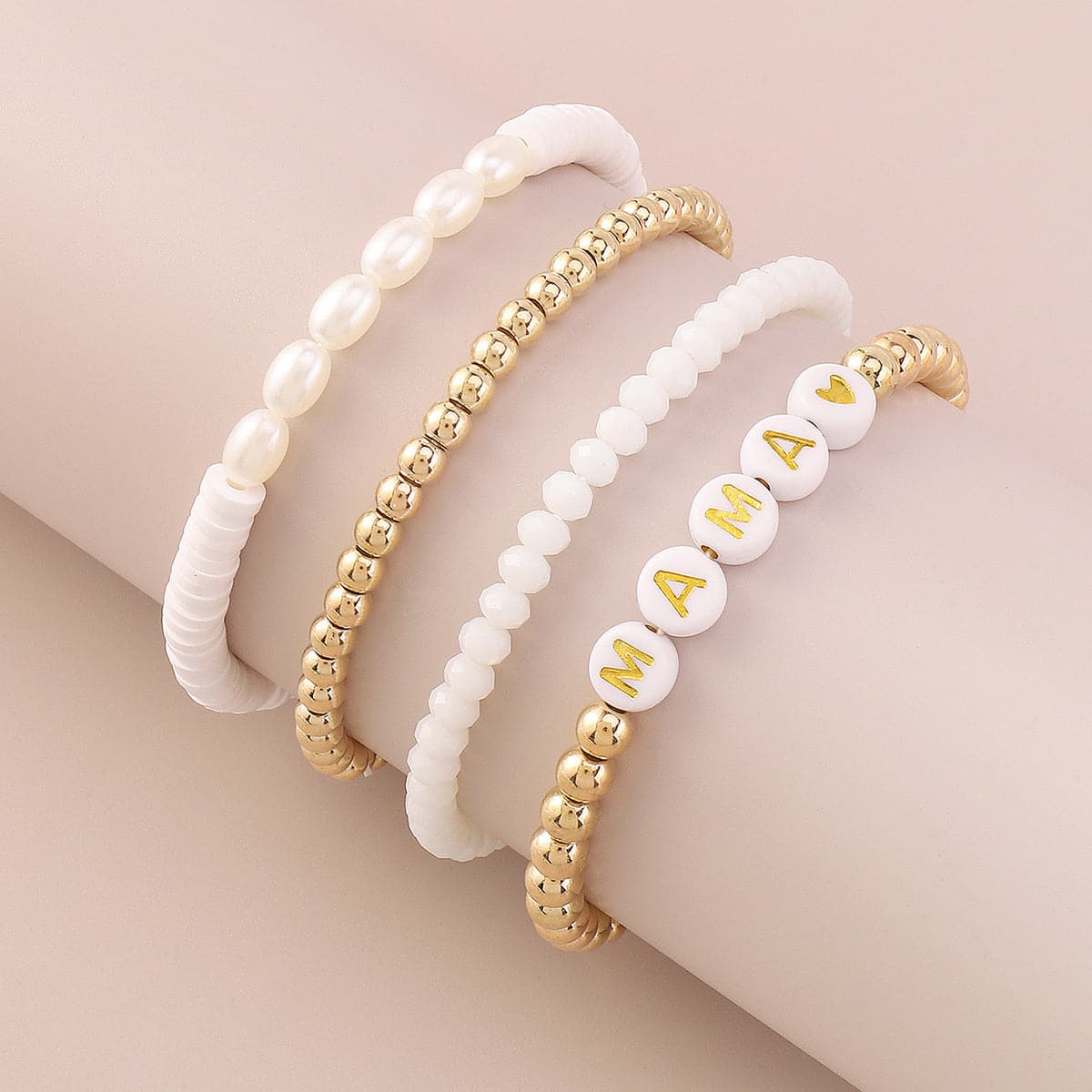 Pearl & Acrylic 18K Gold-Plated 'Mama' Beaded Stretch Bracelet Set