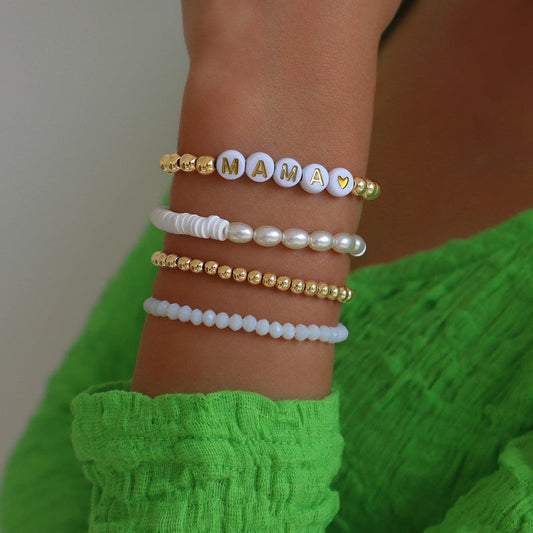 Pearl and Acrylic 18K Gold-Plated 'Mama' Beaded Stretch Bracelet Set, jewelry gift sets for women, front view