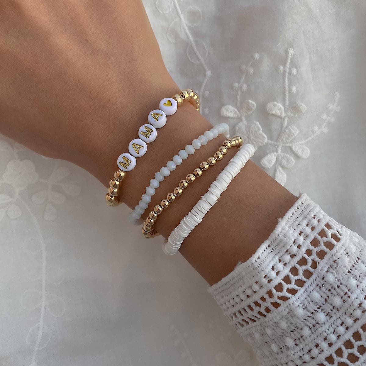 Pearl & Acrylic 18K Gold-Plated 'Mama' Beaded Stretch Bracelet Set