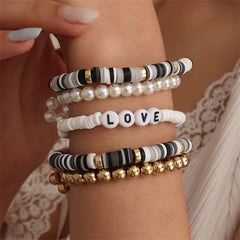 Pearl & Polymer Clay 18K Gold-Plated 'Love' Stretch Bracelet Set