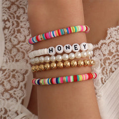 Pearl & Colored Polymer Clay 18K Gold-Plated 'Honey' Stretch Bracelet Set