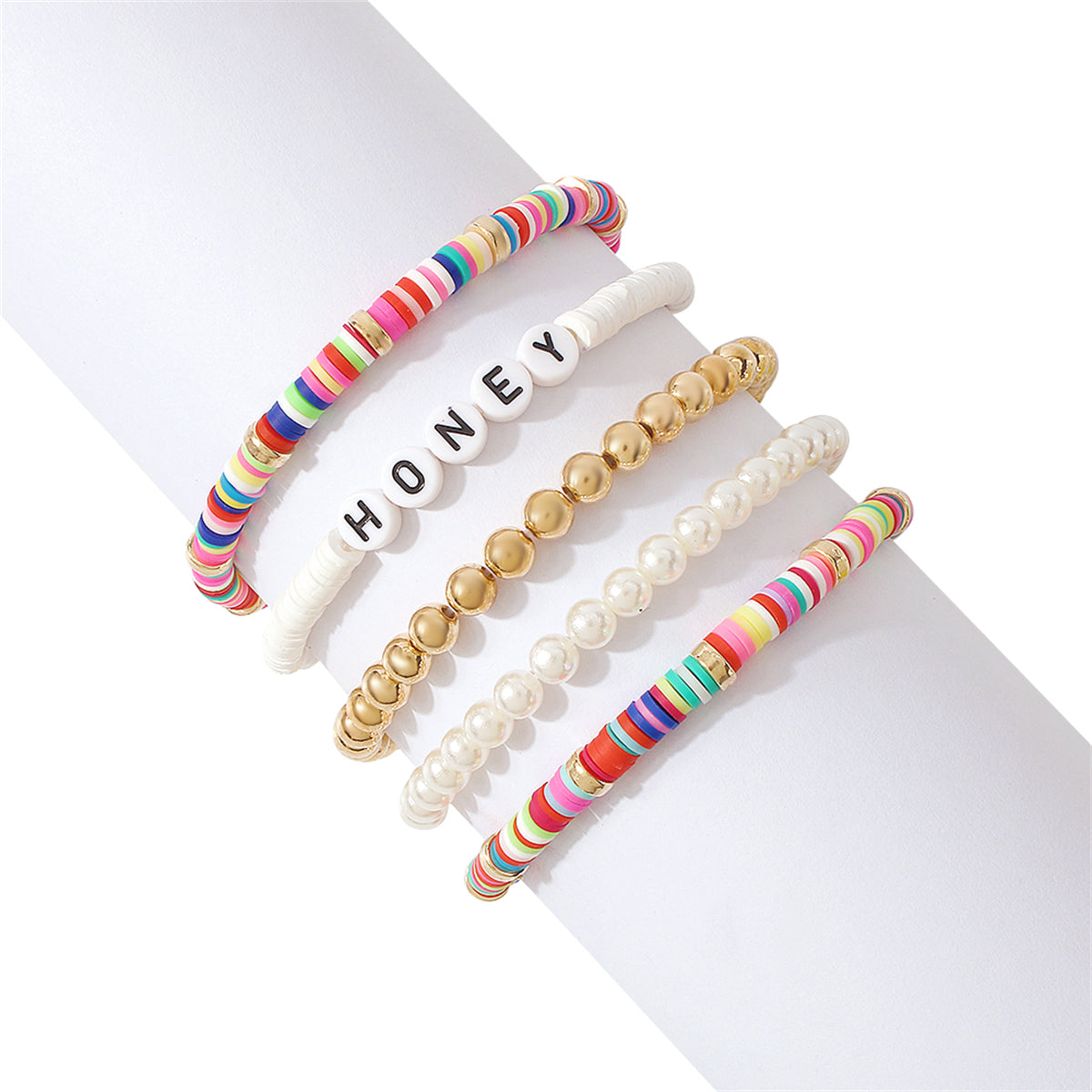 Pearl & Colored Polymer Clay 18K Gold-Plated 'Honey' Stretch Bracelet Set