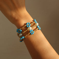 Blue Howlite & Pearl 18K Gold-Plated Mum Stretch Bracelet Set