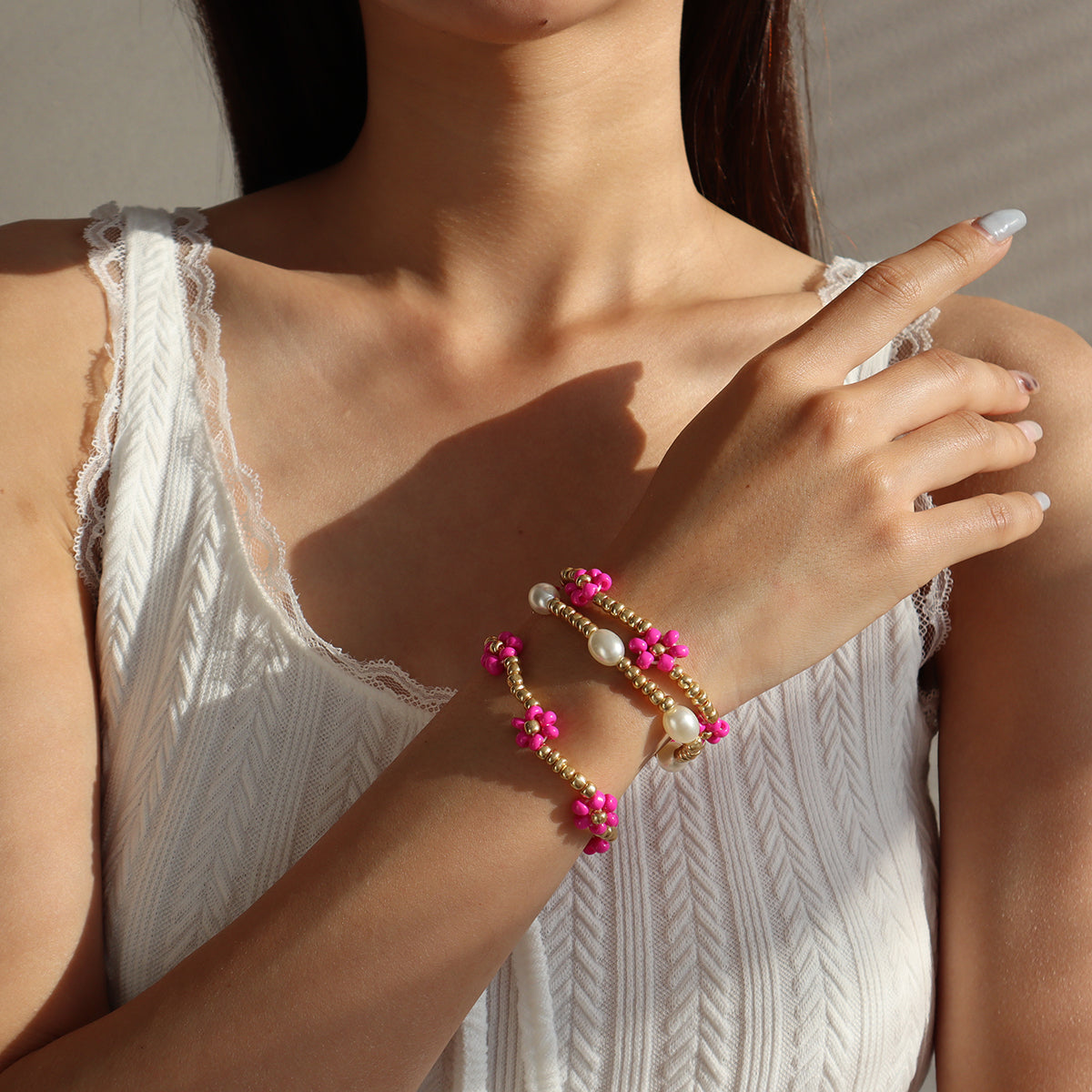 Rose Howlite & Pearl 18K Gold-Plated Mum Stretch Bracelet Set