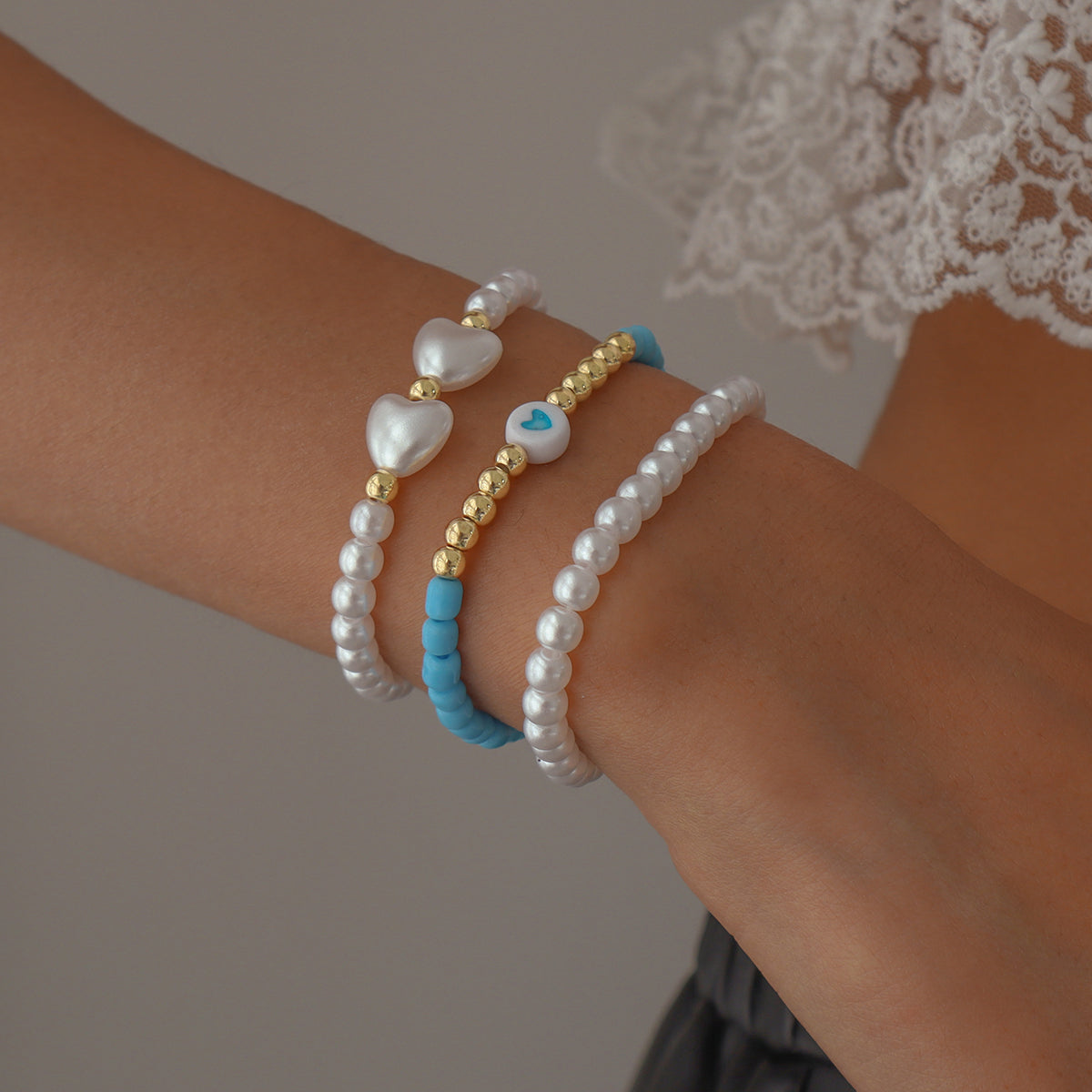 Blue Howlite & Heart-Shaped Pearl 18K Gold-Plated Beaded Stretch Bracelet Set