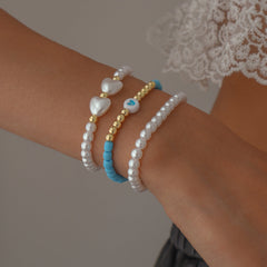 Blue Howlite & Heart-Shaped Pearl 18K Gold-Plated Beaded Stretch Bracelet Set