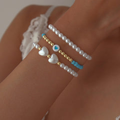 Blue Howlite & Heart-Shaped Pearl 18K Gold-Plated Beaded Stretch Bracelet Set