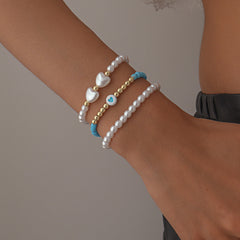 Blue Howlite & Heart-Shaped Pearl 18K Gold-Plated Beaded Stretch Bracelet Set