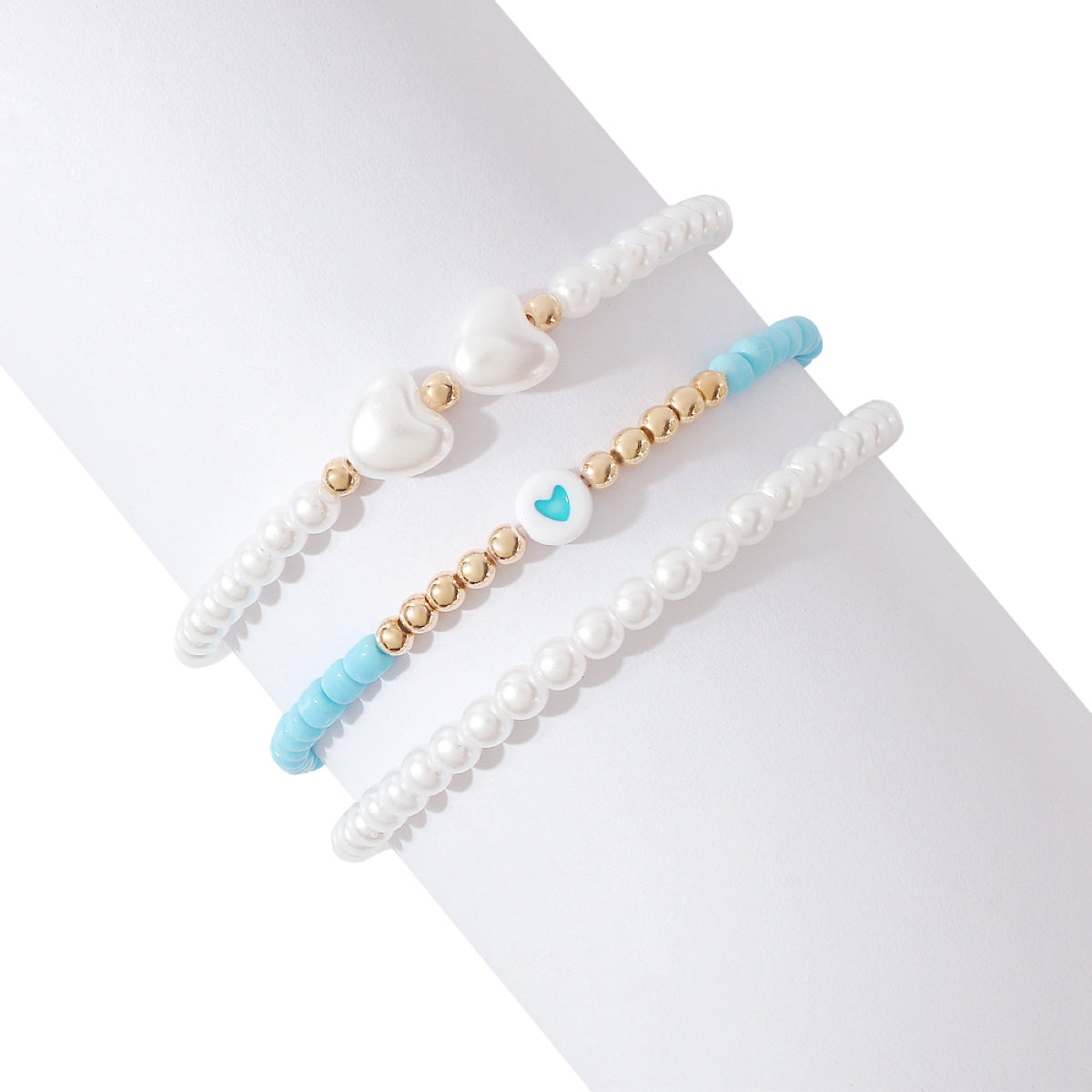 Blue Howlite & Heart-Shaped Pearl 18K Gold-Plated Beaded Stretch Bracelet Set