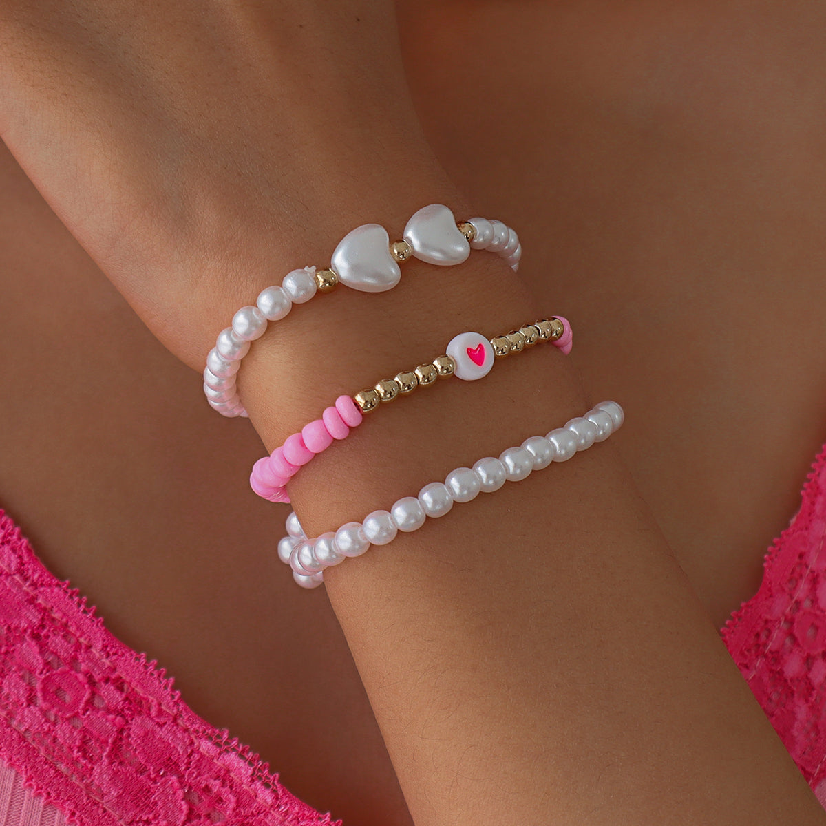Pink Howlite & Pearl Beaded Stretch Bracelet Set