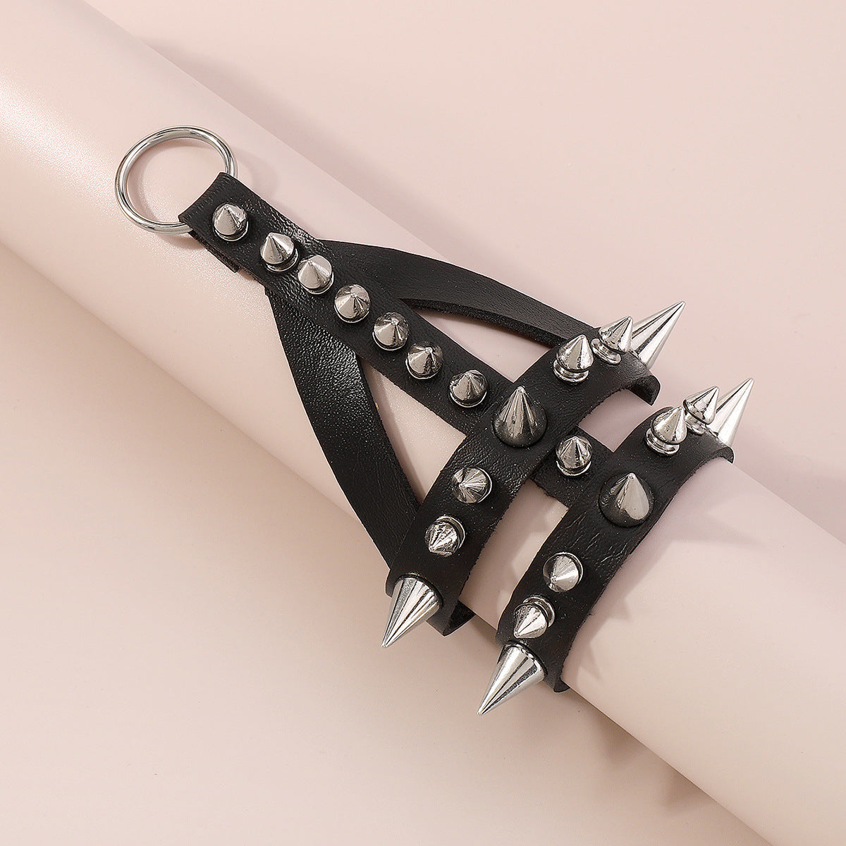 Black Polystyrene & Silver-Plated Rivets Wrist-To-Finger Bracelet