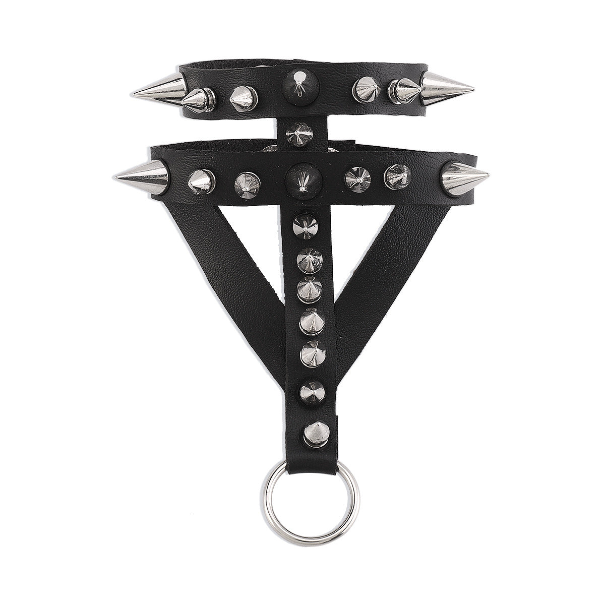 Black Polystyrene & Silver-Plated Rivets Wrist-To-Finger Bracelet