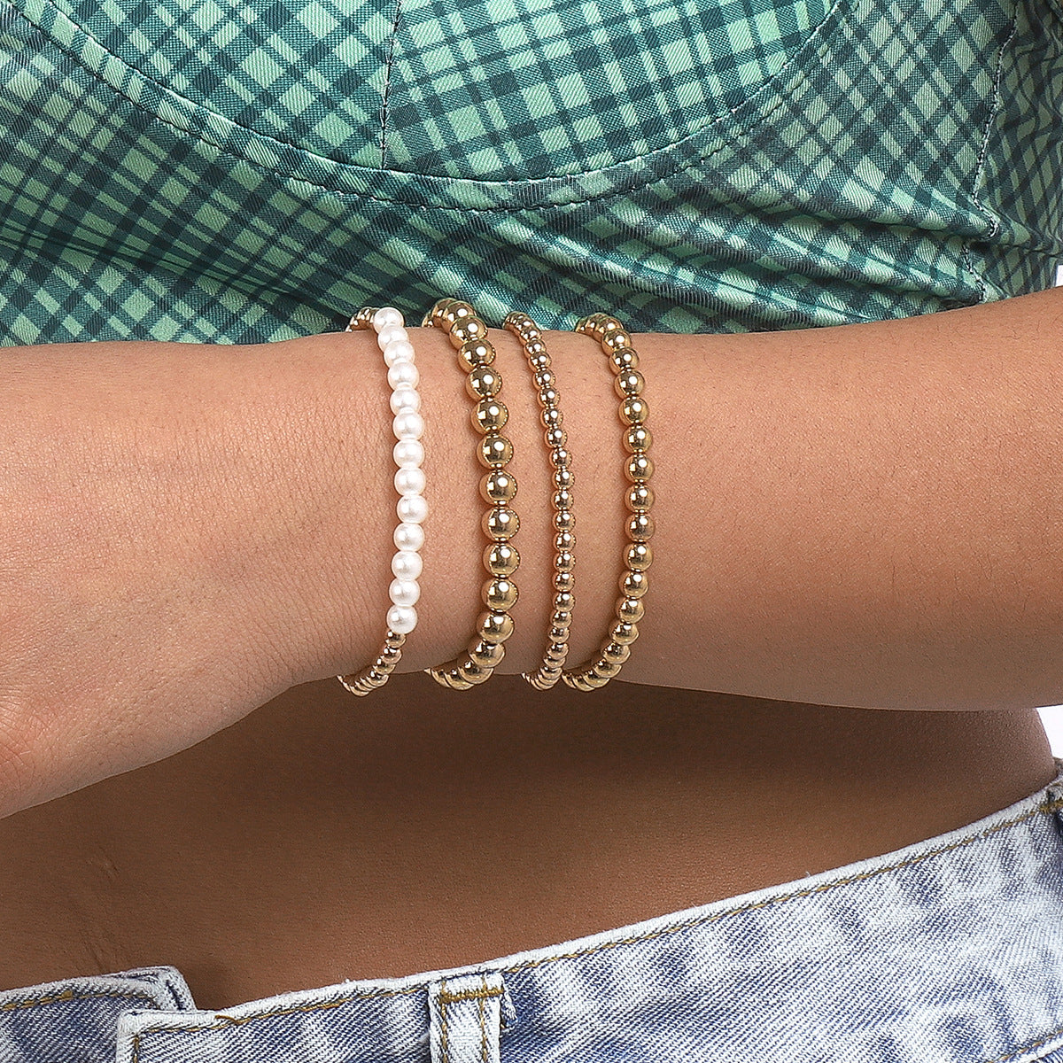 Pearl & 18K Gold-Plated Four-Piece Beaded Stretch Bracelet Set
