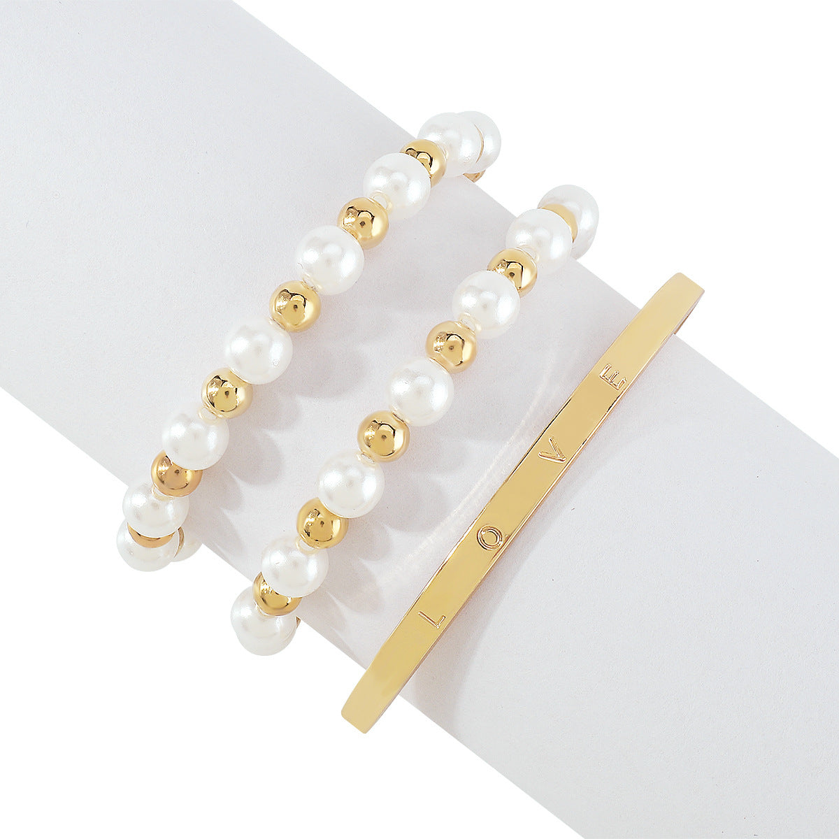 Pearl & 18K Gold-Plated 'Love' Cuff & Stretch Bracelet Set
