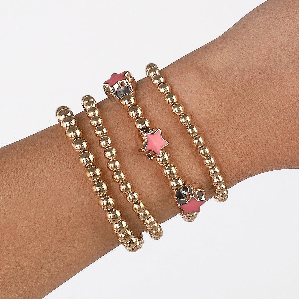 Pink Enamel & 18K Gold-Plated Star Bead Stretch Bracelet Set