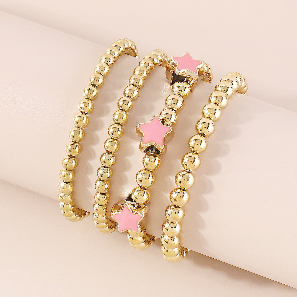 Pink Enamel & 18K Gold-Plated Star Bead Stretch Bracelet Set