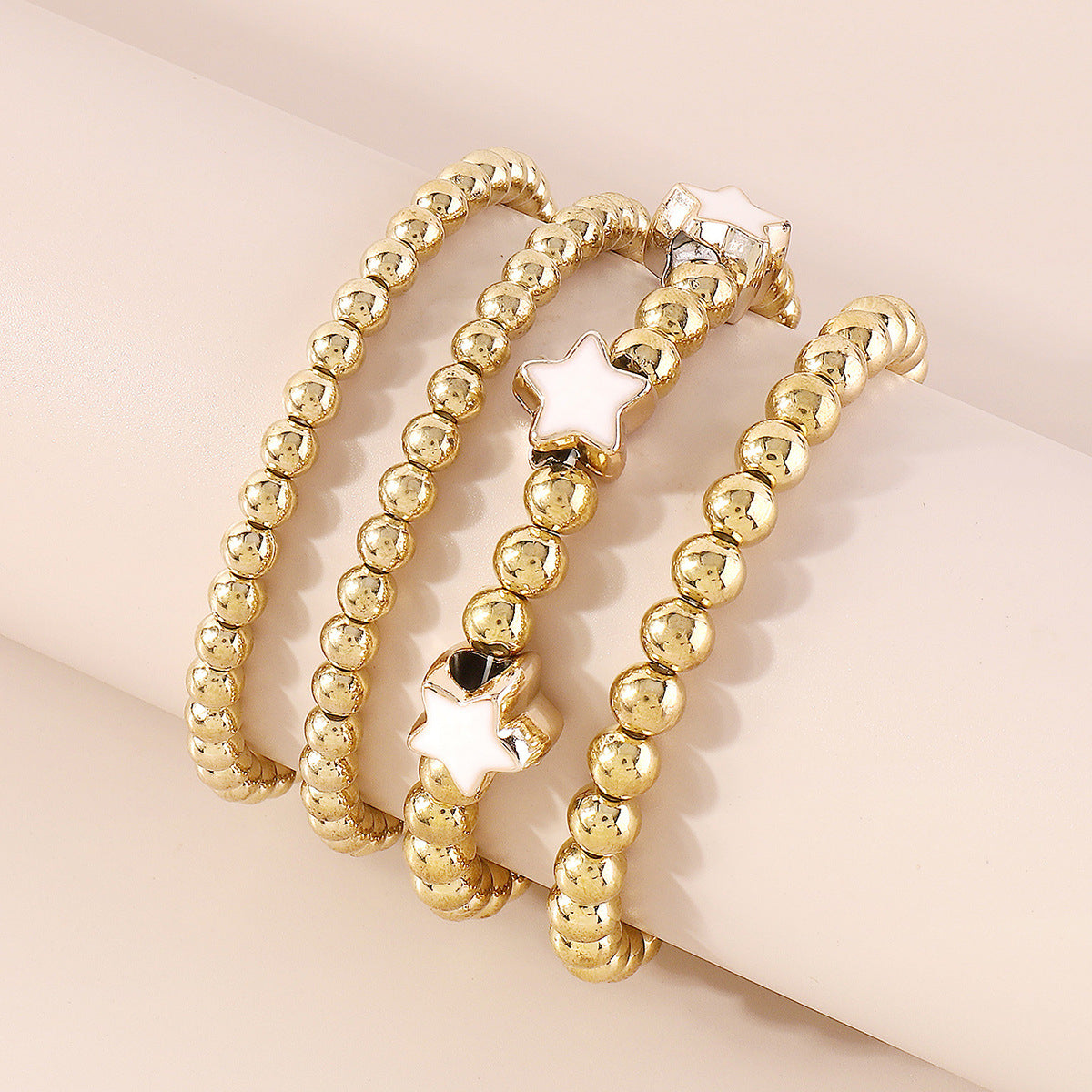 White Enamel & 18K Gold-Plated Star Bead Stretch Bracelet Set