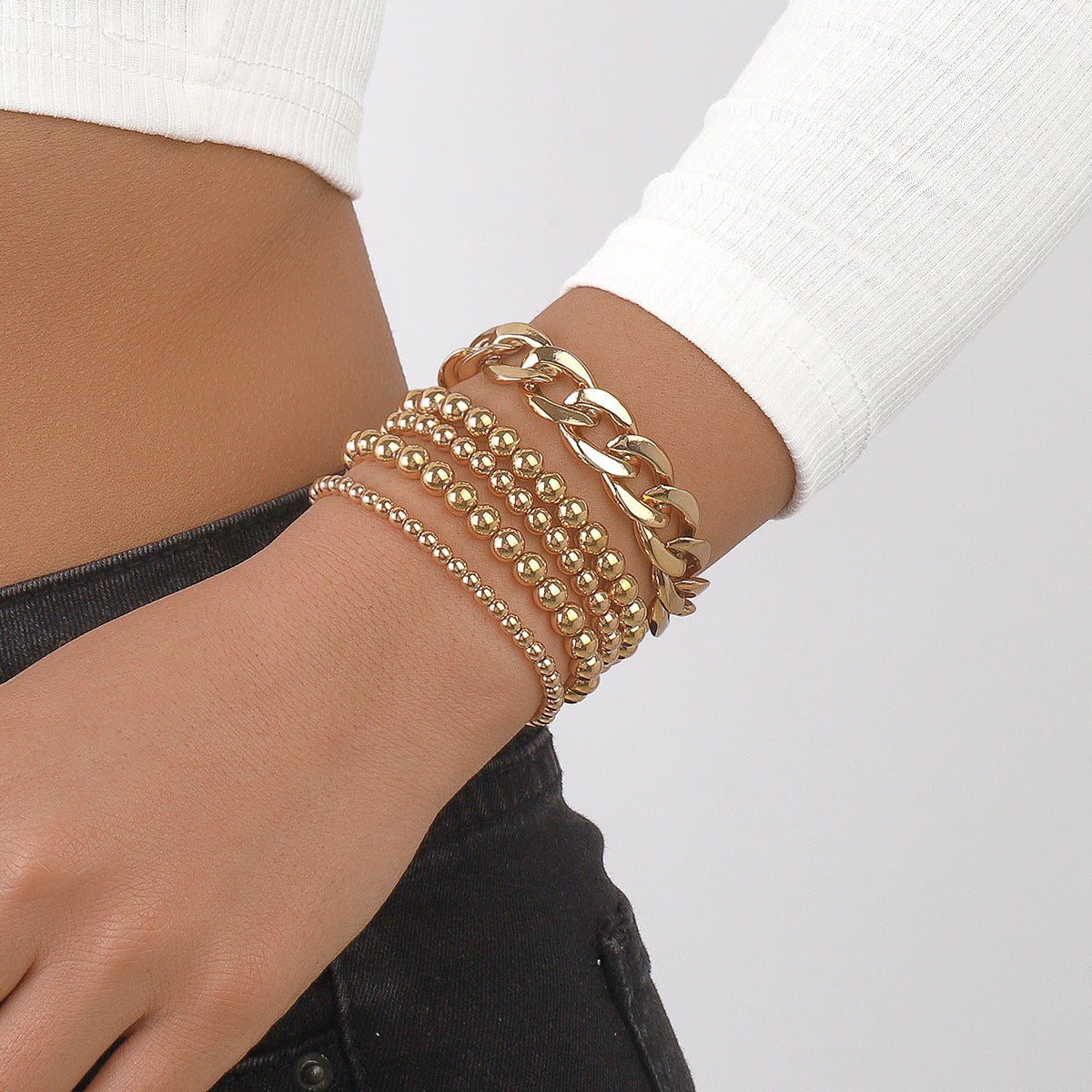 18K Gold-Plated Beaded Stretch Bracelet & Curb-Chain Bracelet Set
