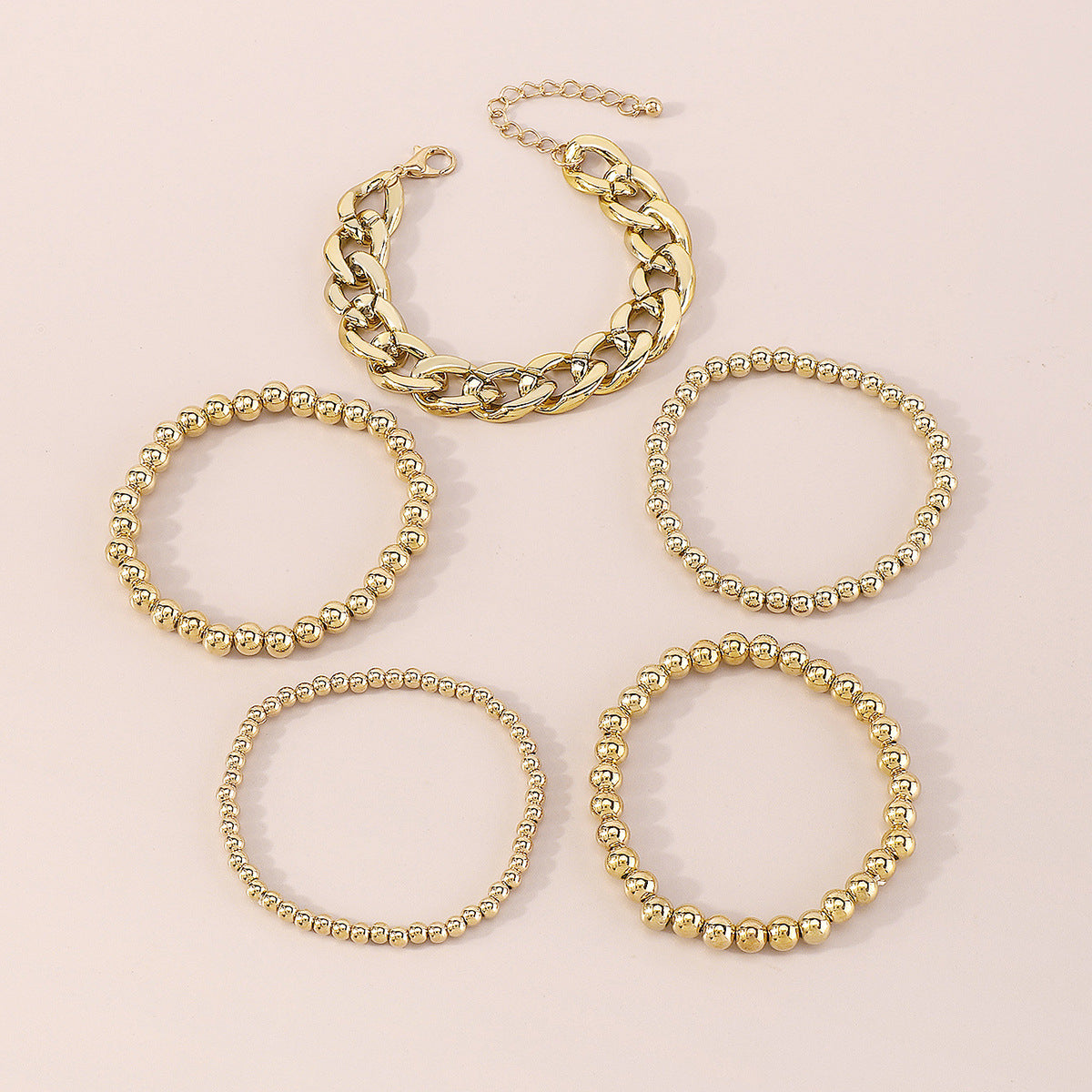 18K Gold-Plated Beaded Stretch Bracelet & Curb-Chain Bracelet Set