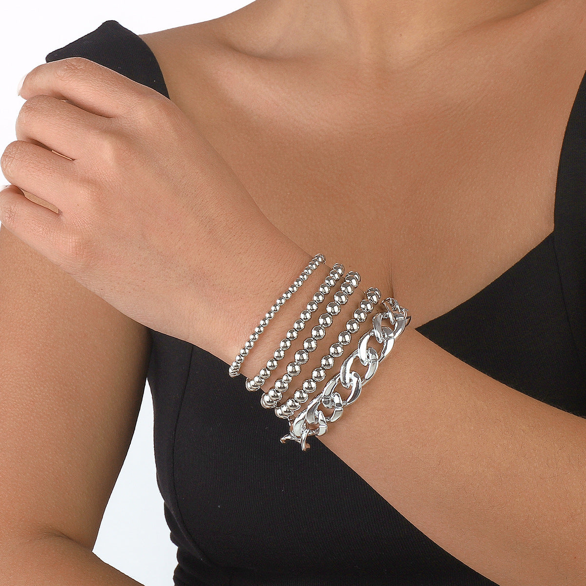 Silver-Plated Bead Stretch & Curb Chain Bracelet Set