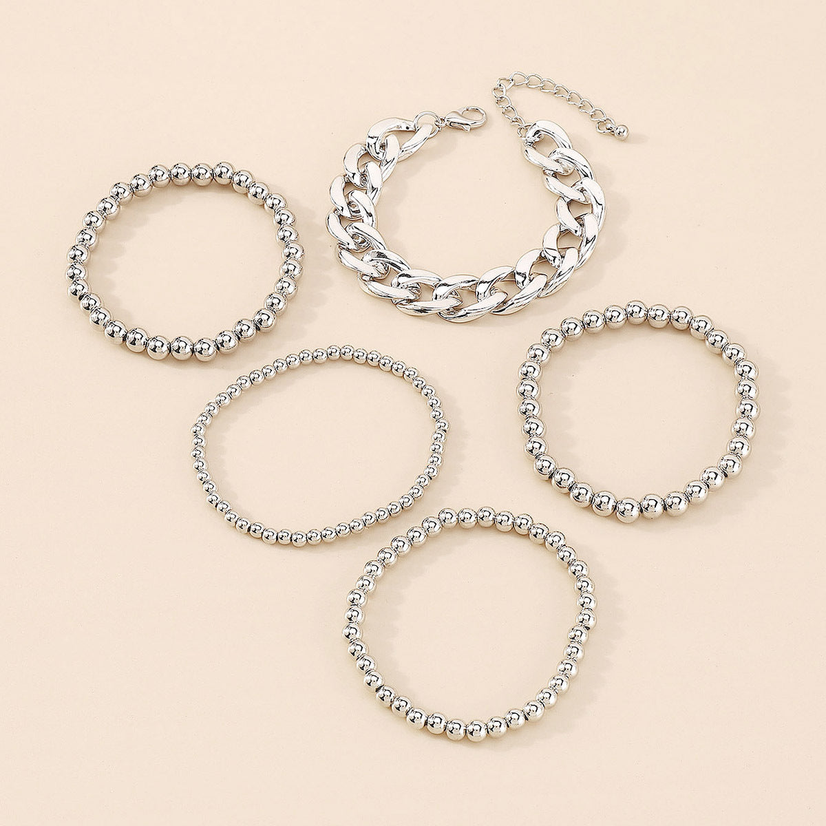Silver-Plated Bead Stretch & Curb Chain Bracelet Set