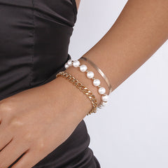 Pearl & 18K Gold-Plated Herringbone Chain Bracelet Set